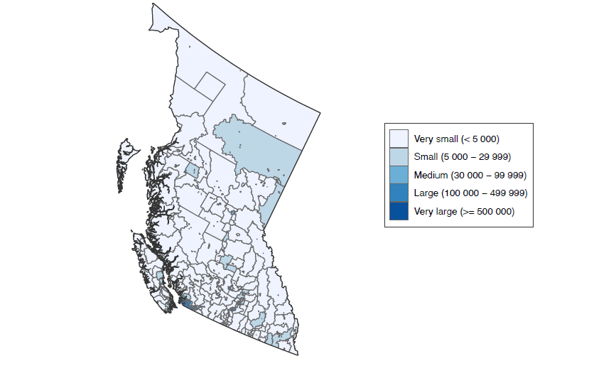 Map of census subdivision (CSD) in the Western region, corresponding to British Columbia, showing the population is concentrated most heavily in the lower mainland, as well as along coastal parts of Vancouver Island and parts of the interior. 