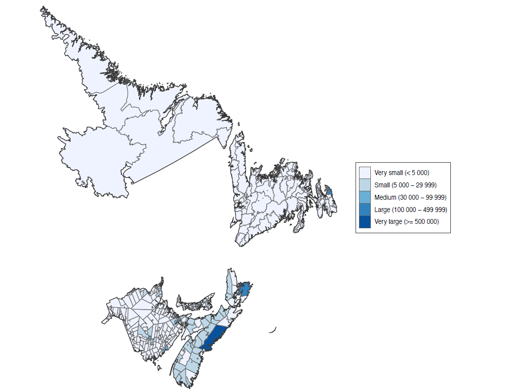 Map of census subdivision (CSD) population in the Atlantic region, corresponding to New Brunswick, Prince Edward Island, Nova Scotia, and Newfoundland and Labrador. 