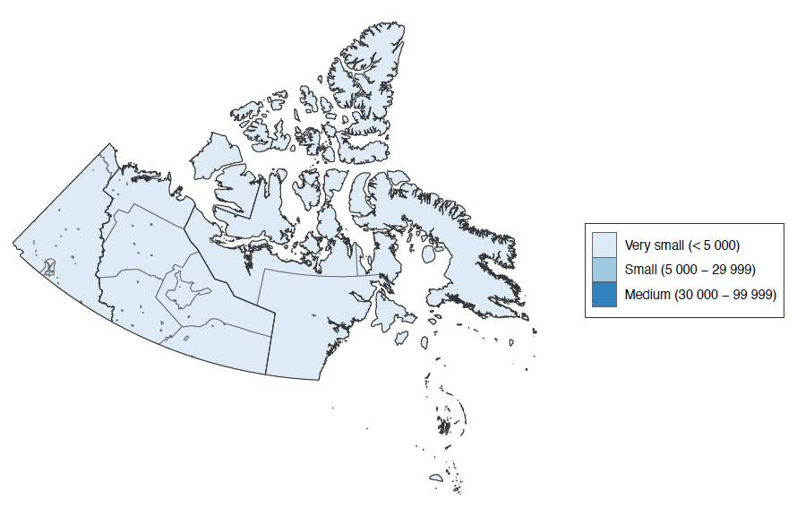 Map of census subdivision (CSD) in the Northern region, corresponding to Yukon, Northwest Territories and Nunavut, showing the region is largely made up of very small communities. 